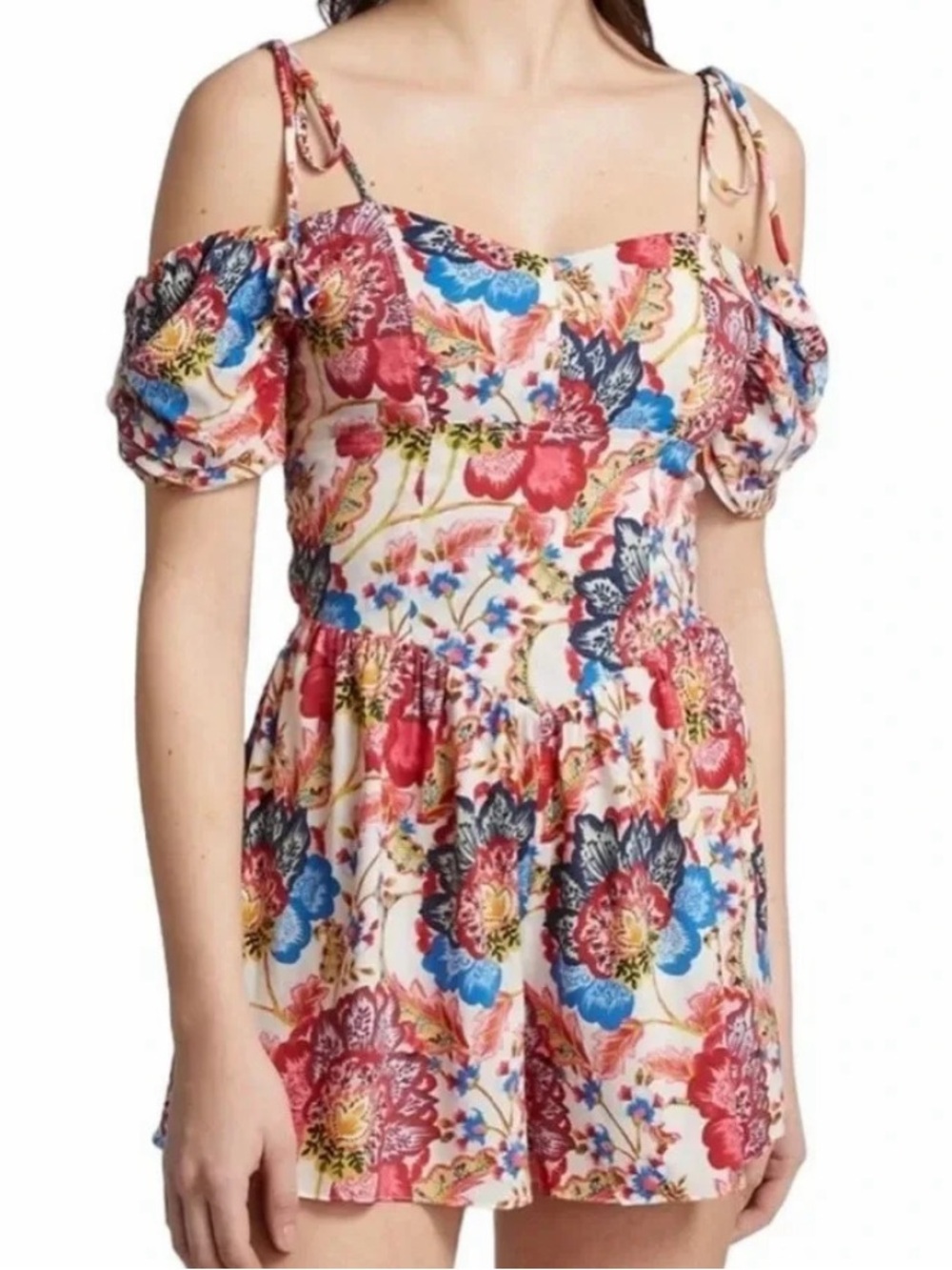 Misa Los Angeles Floral Cold-Shoulder Romper in Pink, Blue and Red